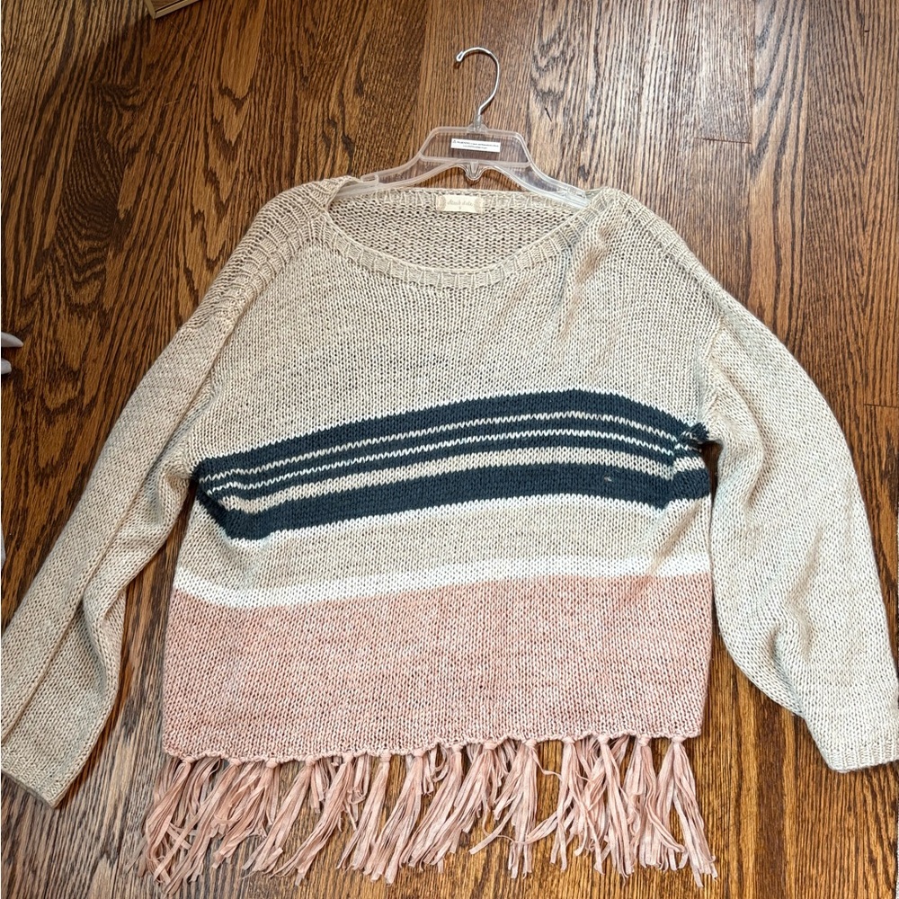 Altar'd State Striped Fringe Hem Sweater - Cream, Pink, and Green